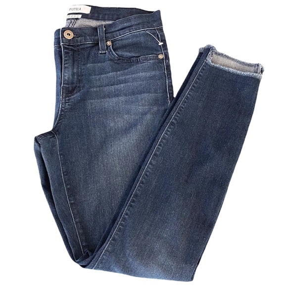 Pistola Shark Bite Raw Distressed Hem Skinny Dark Wash High Waist Ankle Jeans - Picture 14 of 15